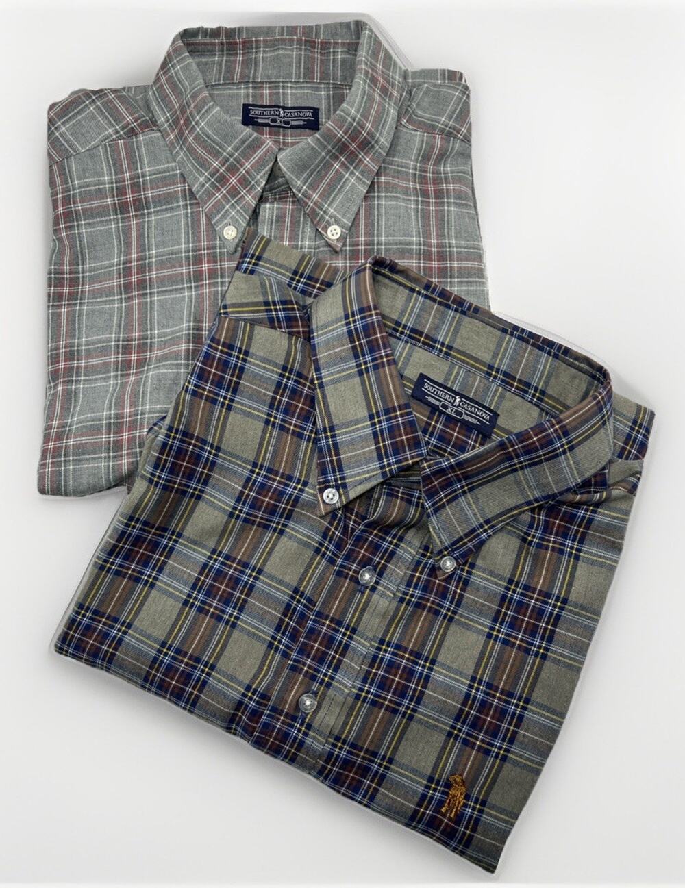 2 Southern Casanova Men's XL Plaid Button-Down Long Sleeve Shirts Dog Logo